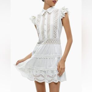 Alice + Olivia Meeko Embroidered Ruffled Sleevew Shirt Dress - Off White